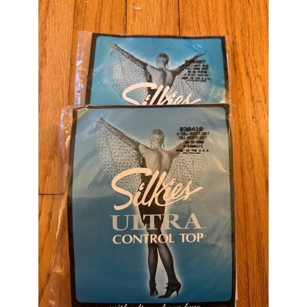 Vintage Silkies Ultra Control Top Pantyhose 2 Pair Misty‎ Grey Navy Blue X-Tall